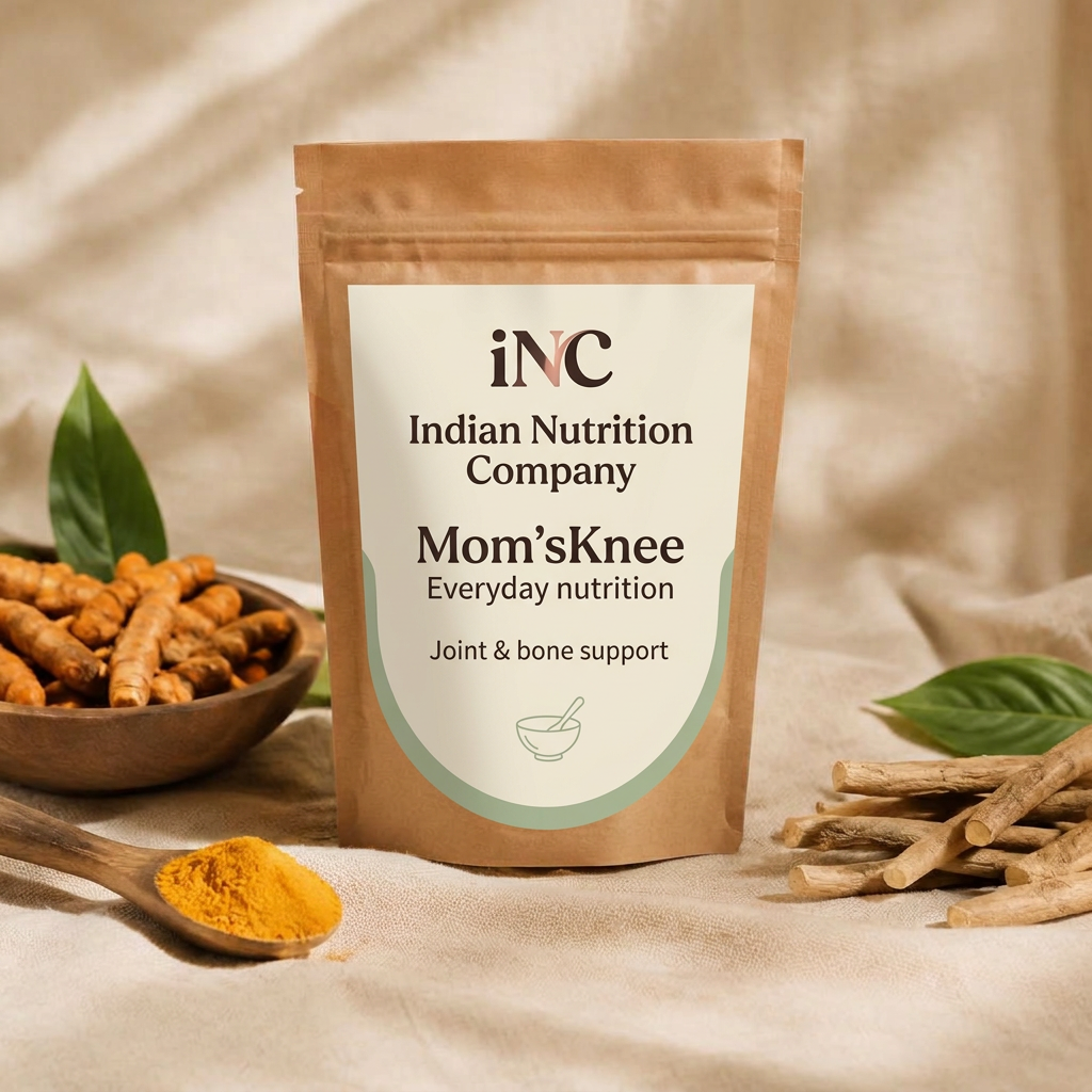Mom'sKnee nutrition powder pouch standing on a warm linen surface